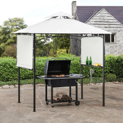13Ft.Lx4.5Ft.W Iron Double Tiered Backyard Patio BBQ Grill Gazebo with Bar Counters&Extendable Shades, White
