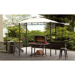 12Ft.Lx4.3Ft.W Iron Double Tiered Backyard Patio BBQ Grill Gazebo with Bar Counters, Beige