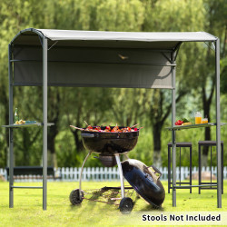 Outdoor 7Ft.Wx4.5Ft.L Iron Double Tiered Backyard Patio BBQ Grill Gazebo with Side Awning, Bar Counters and Hooks, Gray