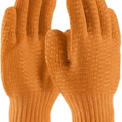 Pack of 24 Knit Glove Liners L size. Orange Protective String Knit Gloves. Clear PVC Honeycomb Finish. Knitted Cotton Polyester Gloves for General. Not for Food Handling. Comfortable fit. Wholesale.